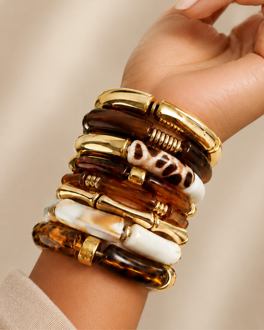 Arm Party! Eight Piece Acrylic Bangle Stack – Tortoise & Cream Acrylic with Gold-Tone Spacers